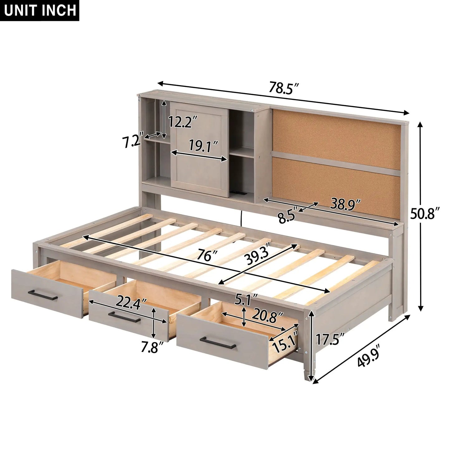 Twin size daybed with storage drawers and open shelves in gray wood on Tampa Home & Garden Store