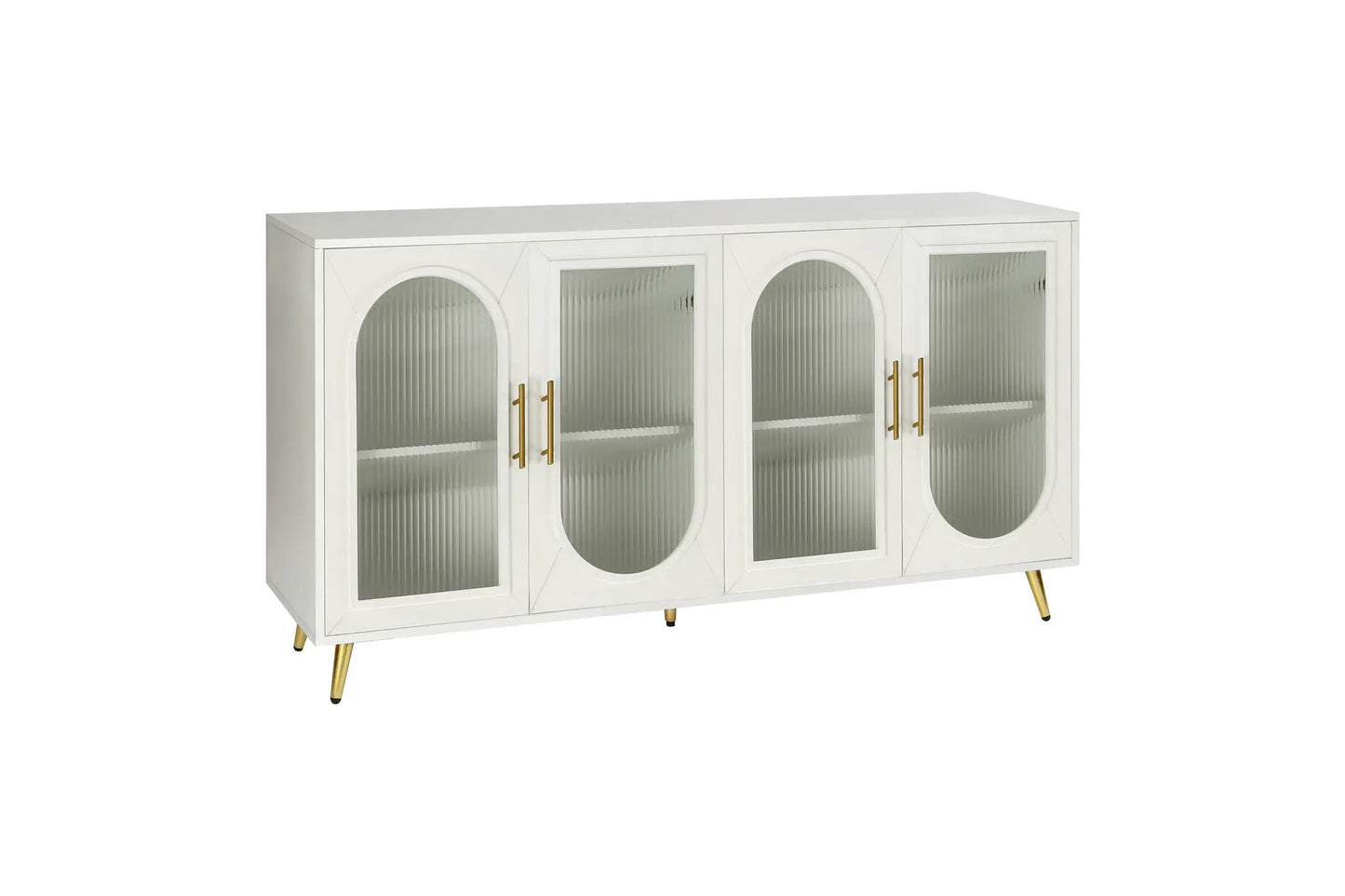 Antique white TV stand for 65 inch TV with four ribbed glass doors and gold handles, tapered legs on Tampa Home & Garden Store