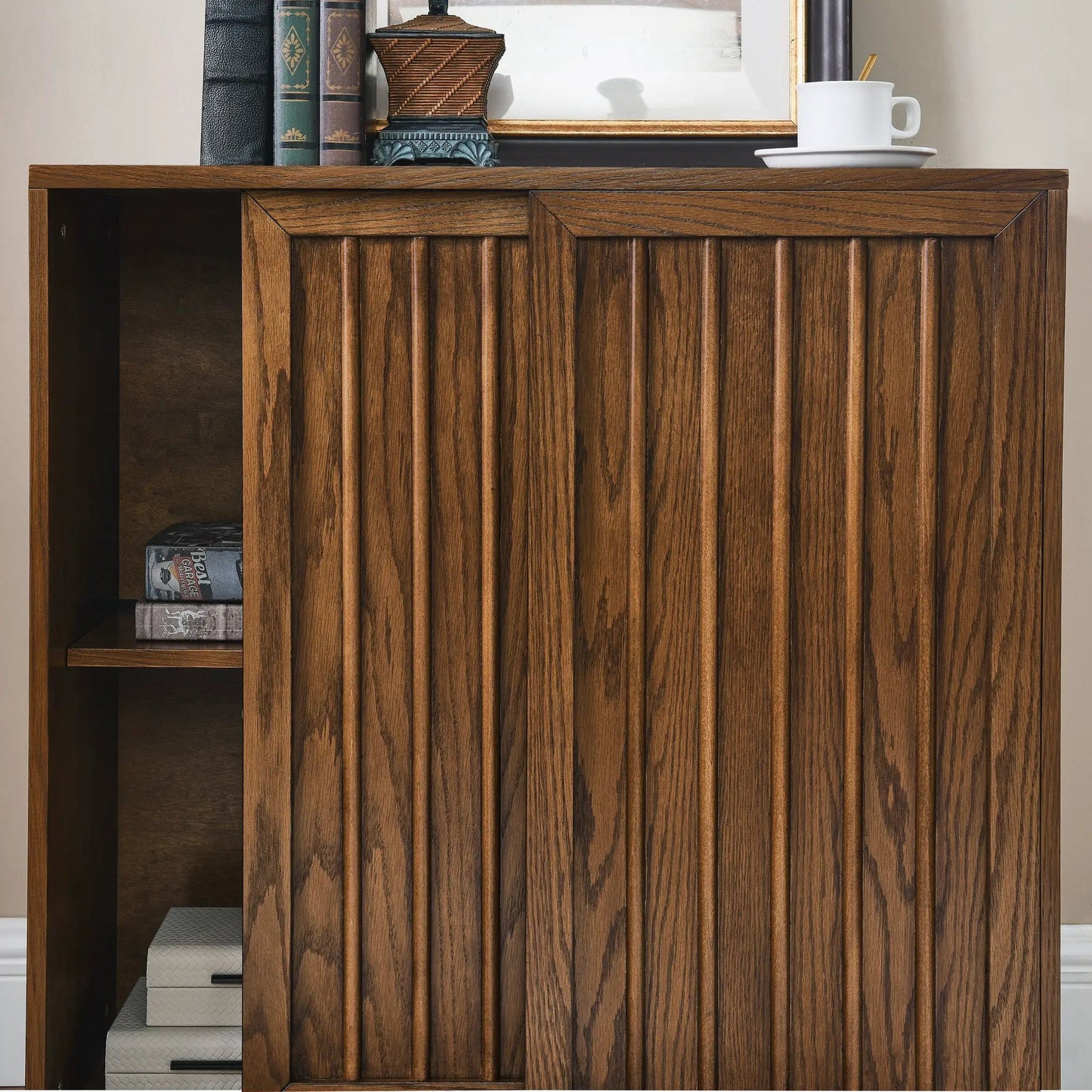 Medieval side panel cabinet with 2 sliding doors in dark oak wood on Tampa Home & Garden Store