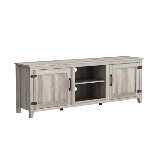 Television stand grey walnut entertainment center with shelves and cabinet doors, black hardware on Tampa Home & Garden Store