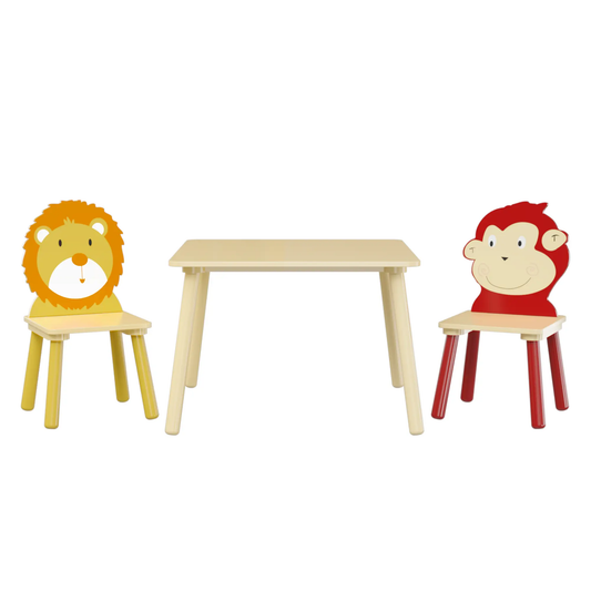 Kids table and 2 chairs set in natural wood with lion and monkey backrests on Tampa Home & Garden Store
