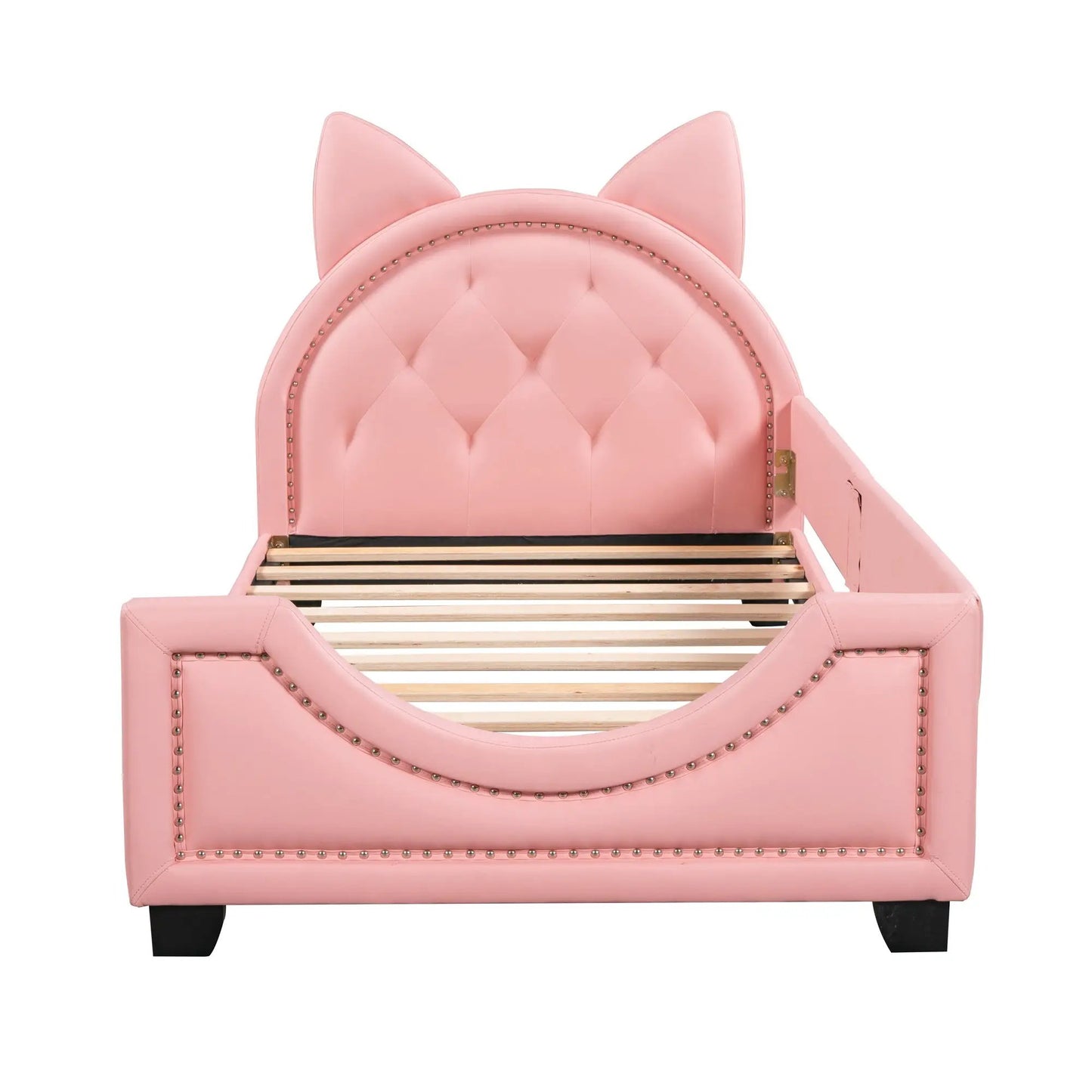 Twin pink upholstered daybed with cat-ear headboard, tufted and nailhead trim, wood slat base on Tampa Home & Garden Store