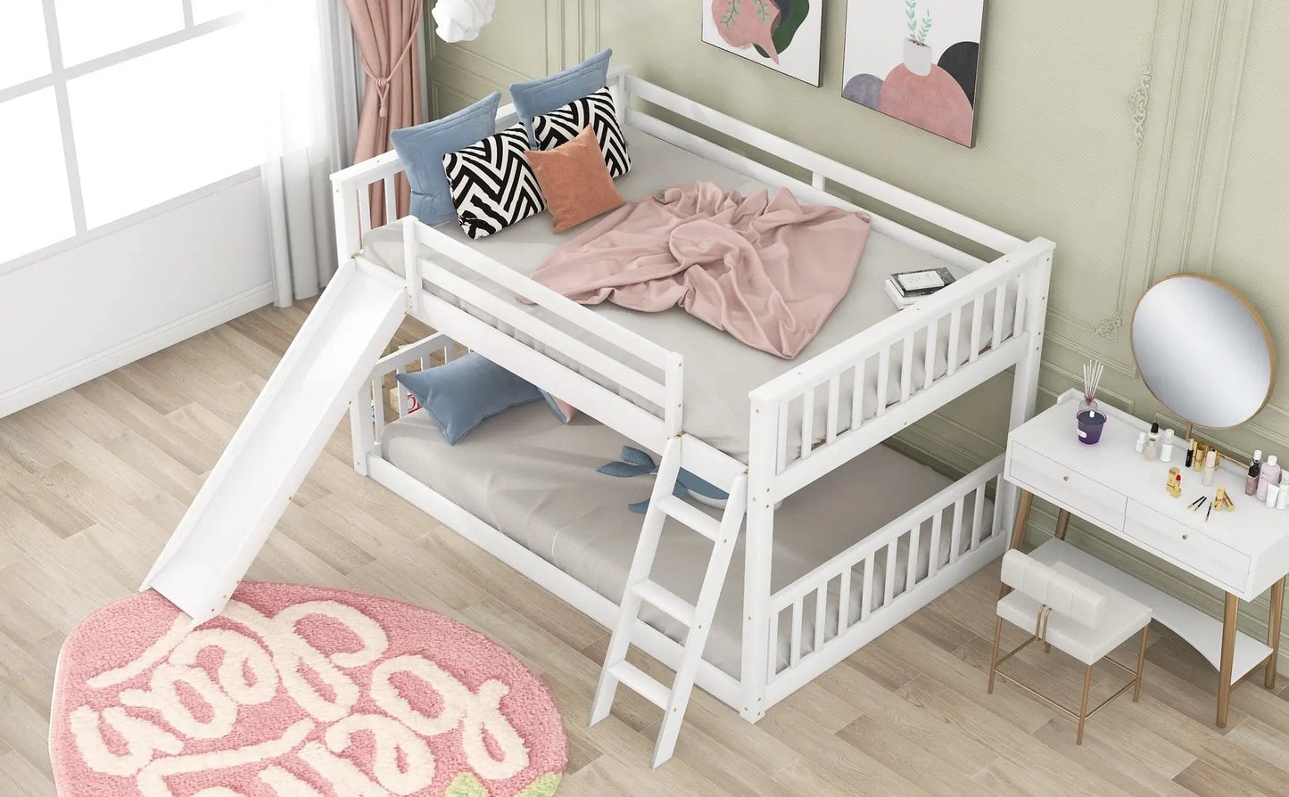 White full-over-full bunk bed with slide and ladder on Tampa Home & Garden Store