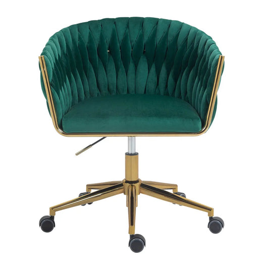 Modern green velvet office chair with gold metal frame, 360 swivel and caster wheels on Tampa Home & Garden Store