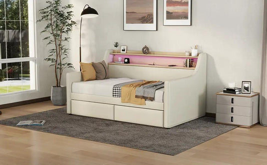 Twin size cream daybed with storage drawers and pink LED lighting by VIP Digital Presence on Tampa Home & Garden Store