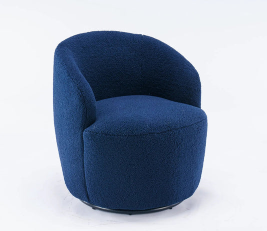 Dark blue teddy fabric swivel armchair with ring base and plush boucle upholstery on Tampa Home & Garden Store