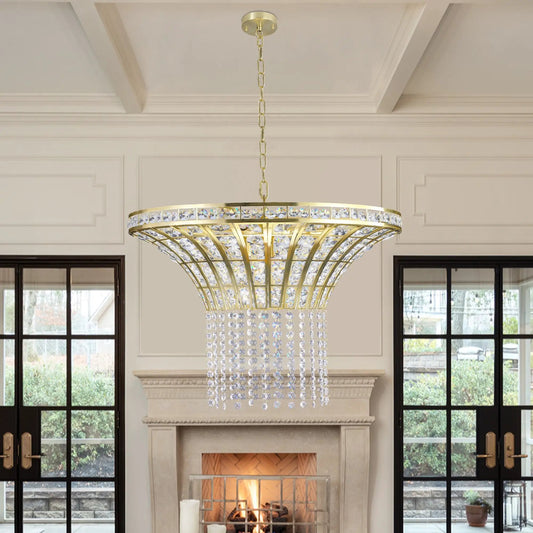 8-Light Crystal Waterfall Chandelier with gold finish and crystal strands, hanging chain on Tampa Home & Garden Store