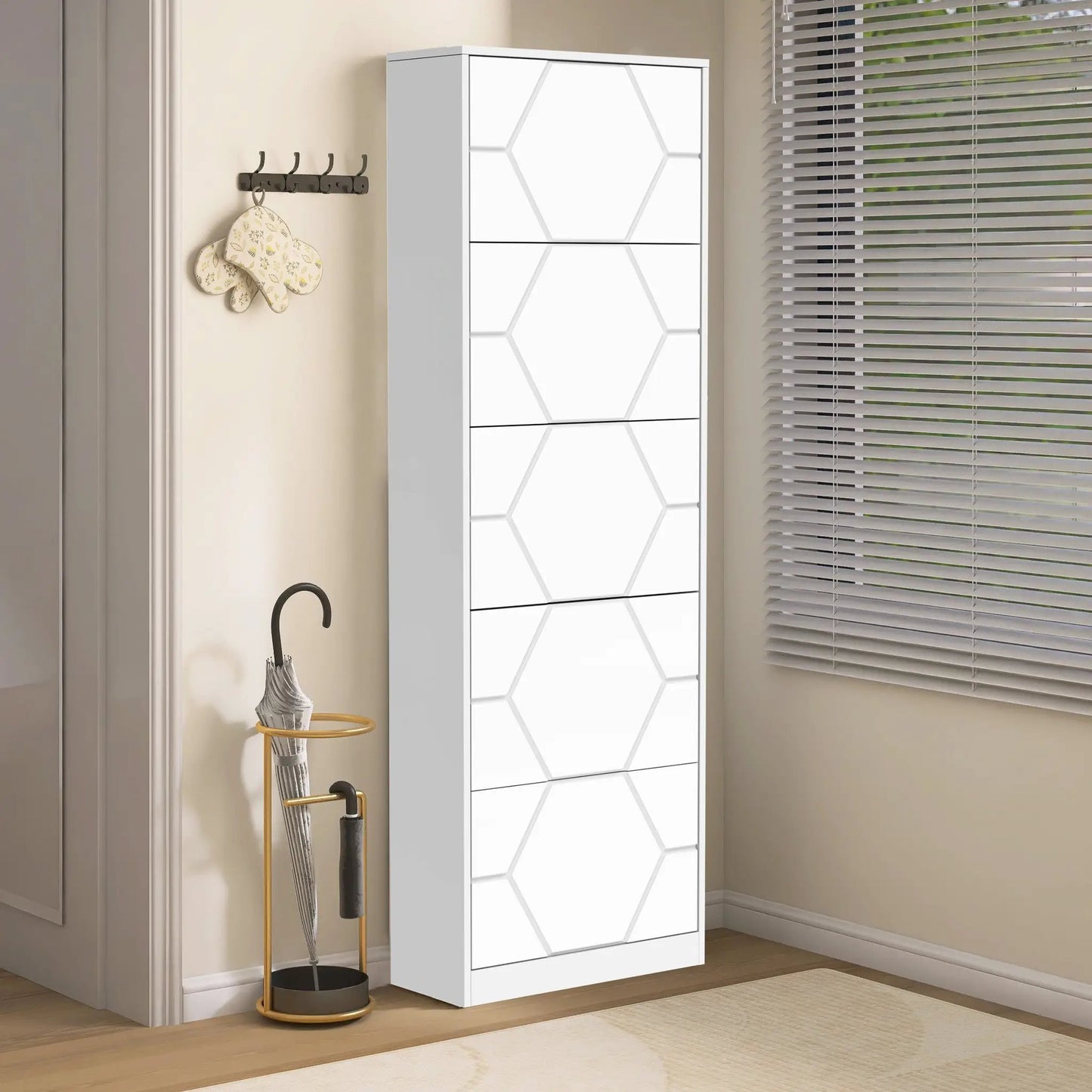 White vertical 5-tier shoe cabinet with carved hexagon panel fronts on Tampa Home & Garden Store