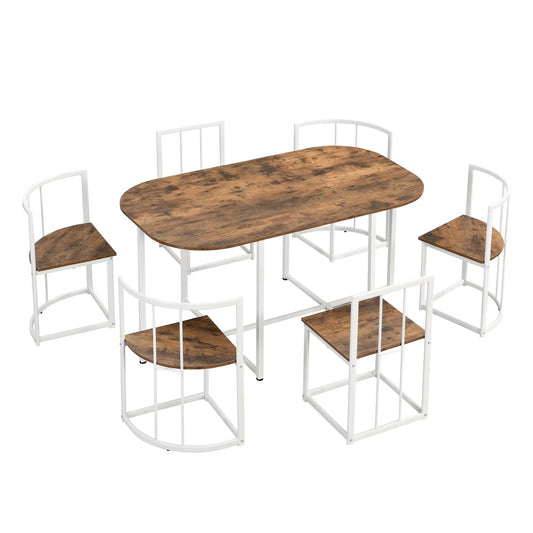 Topmax Modern 7 Piece Dining Set white metal frame with dark cherry wood table and 6 chairs on Tampa Home & Garden Store