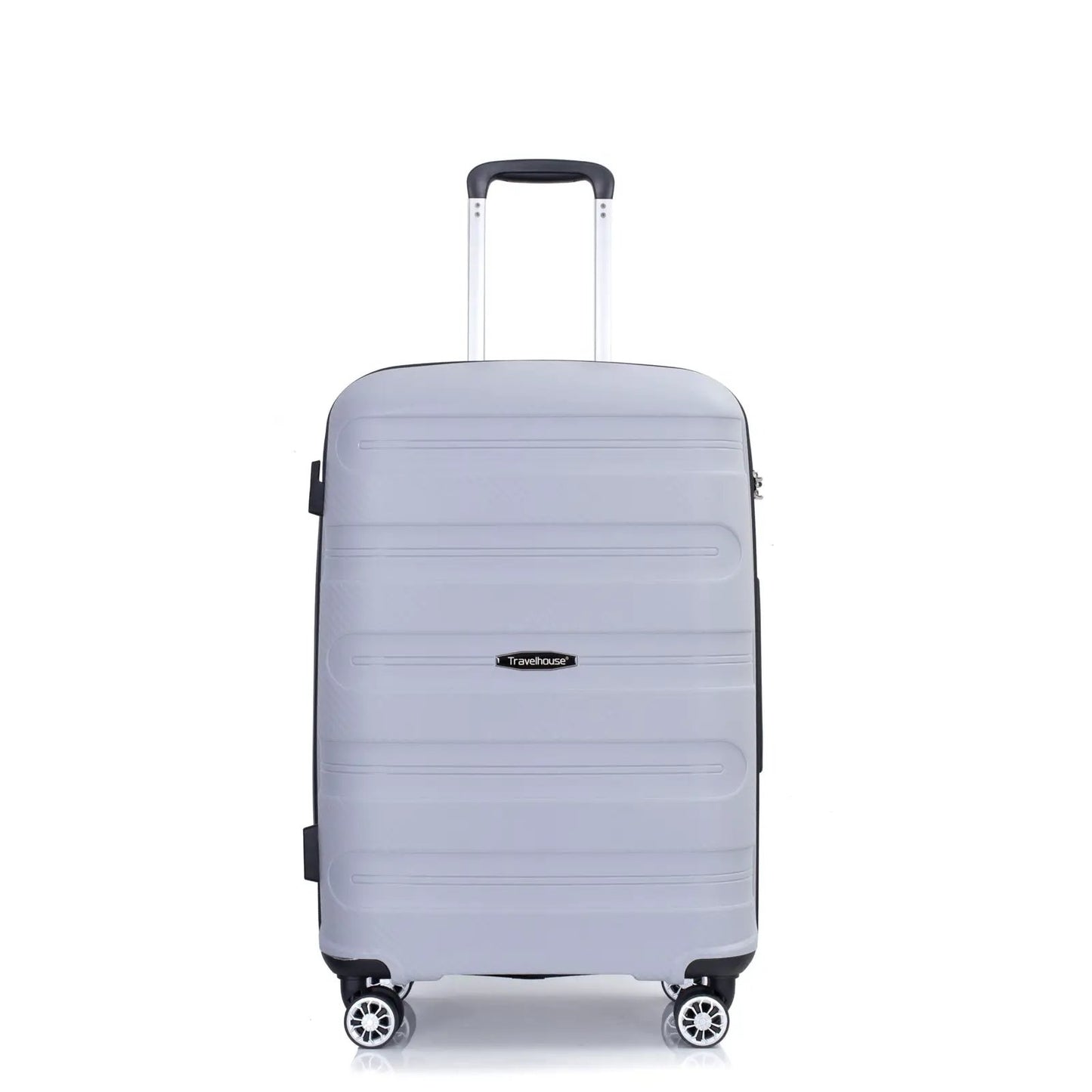 Silver hardshell suitcase with extended handle and Travelhouse logo, 4 spinner wheels on Tampa Home & Garden Store