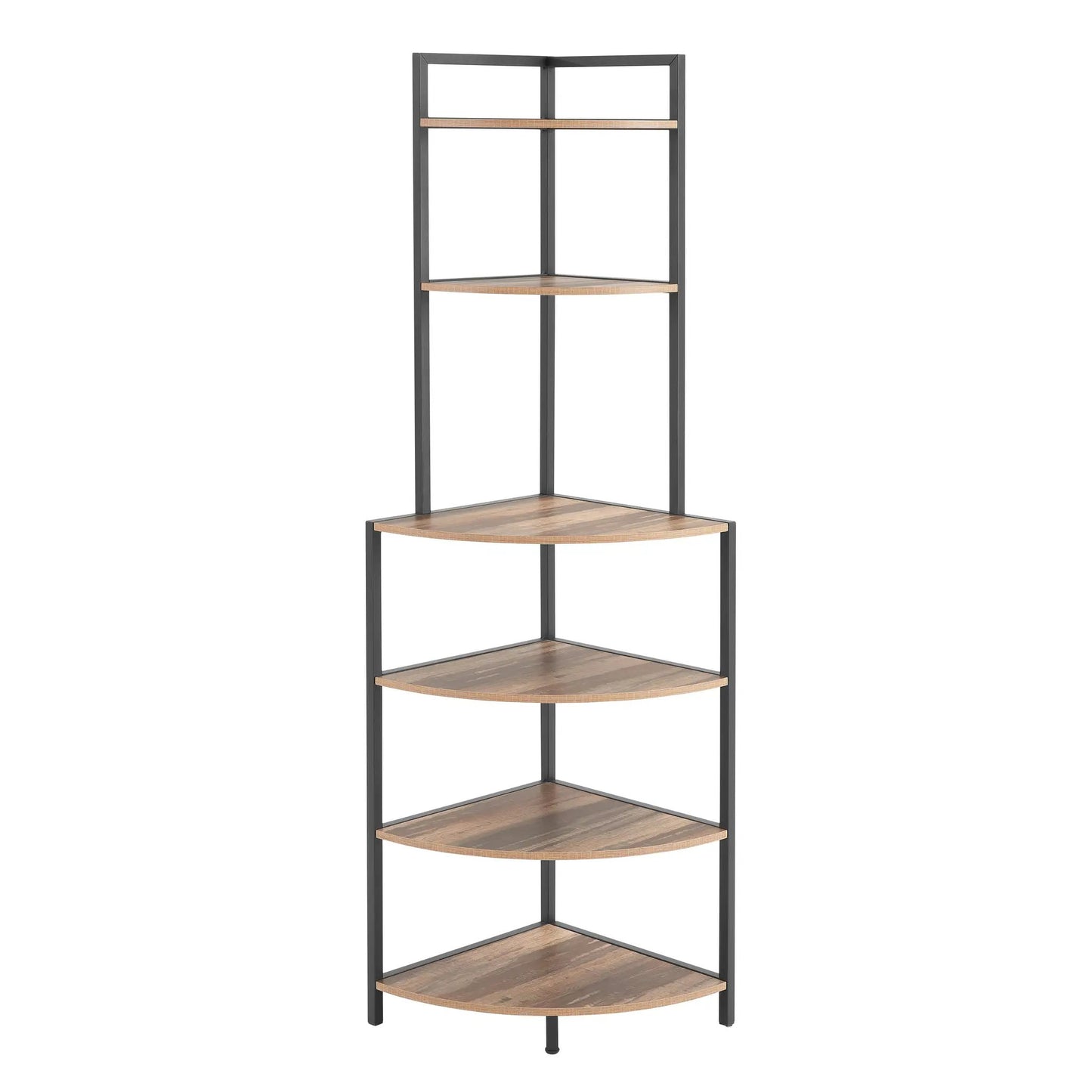 Six-tier corner open shelf bookcase rustic brown wood with black metal frame on Tampa Home & Garden Store