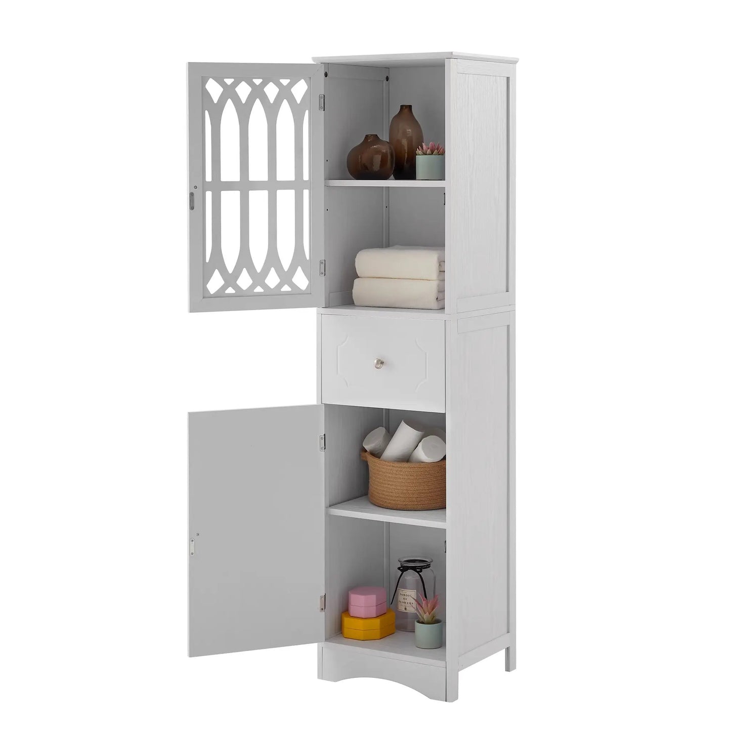 Tall white bathroom cabinet with lattice door and open shelves displaying vases, towels, and a plant on Tampa Home & Garden Store
