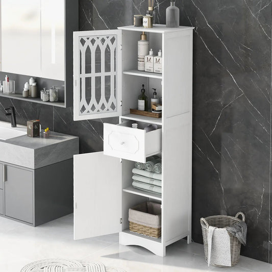 Tall white cabinet with drawer and lattice door, open shelves for towels in marble bath on Tampa Home & Garden Store