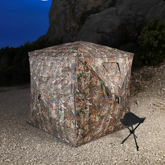 Camouflaged hunting blind see-through pop-up tent, cube-shaped camo shelter with doors on Tampa Home & Garden Store
