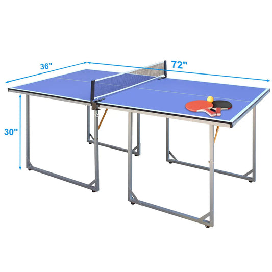 Foldable 6ft ping pong table with blue playing surface and net; includes two paddles and a ball on Tampa Home & Garden Store