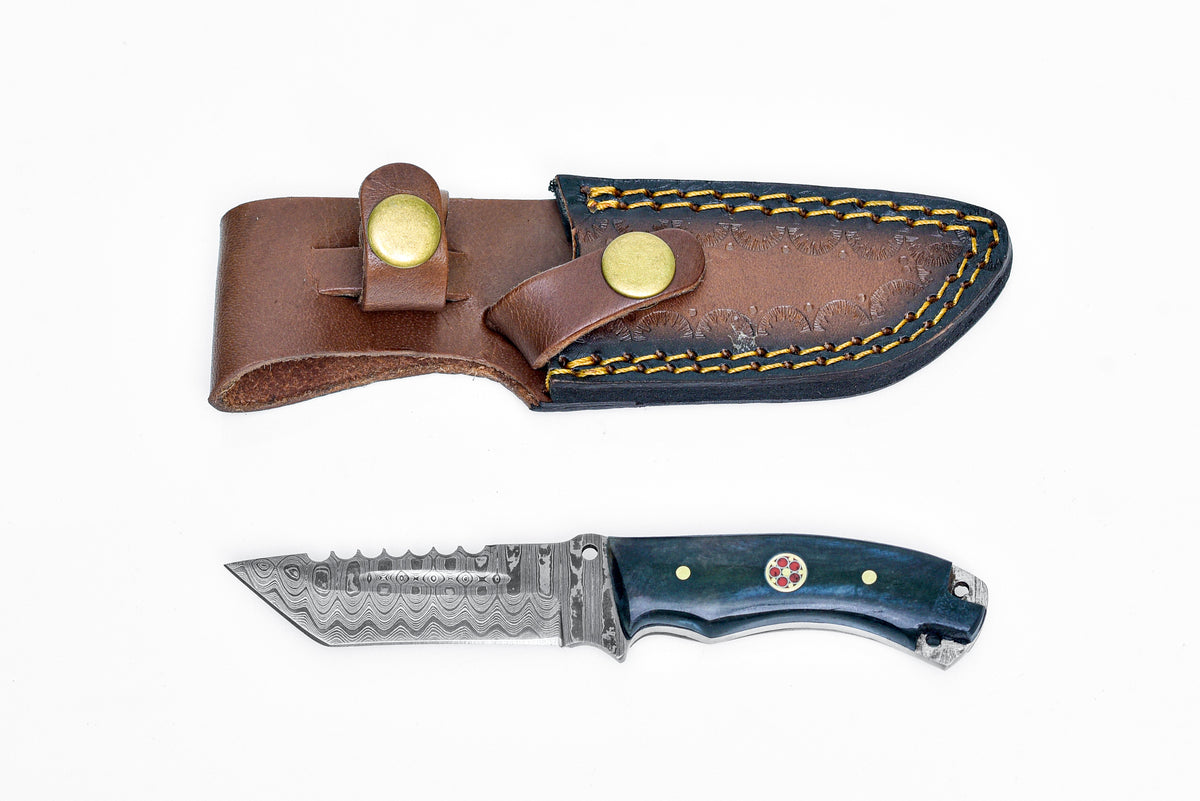 Damascus steel EDC tanto knife with patterned blade and black handle, brown leather sheath on Tampa Home & Garden Store