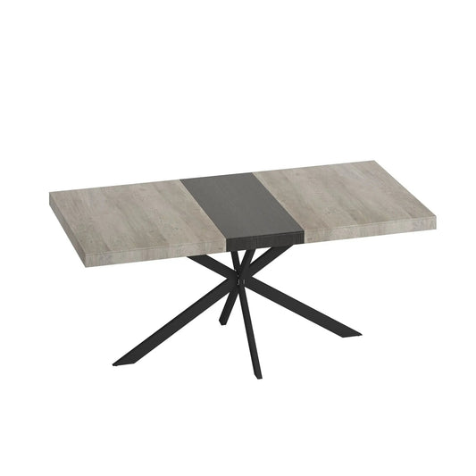 Retro rectangular stretch dining table with center plate in light wood finish and black base on Tampa Home & Garden Store