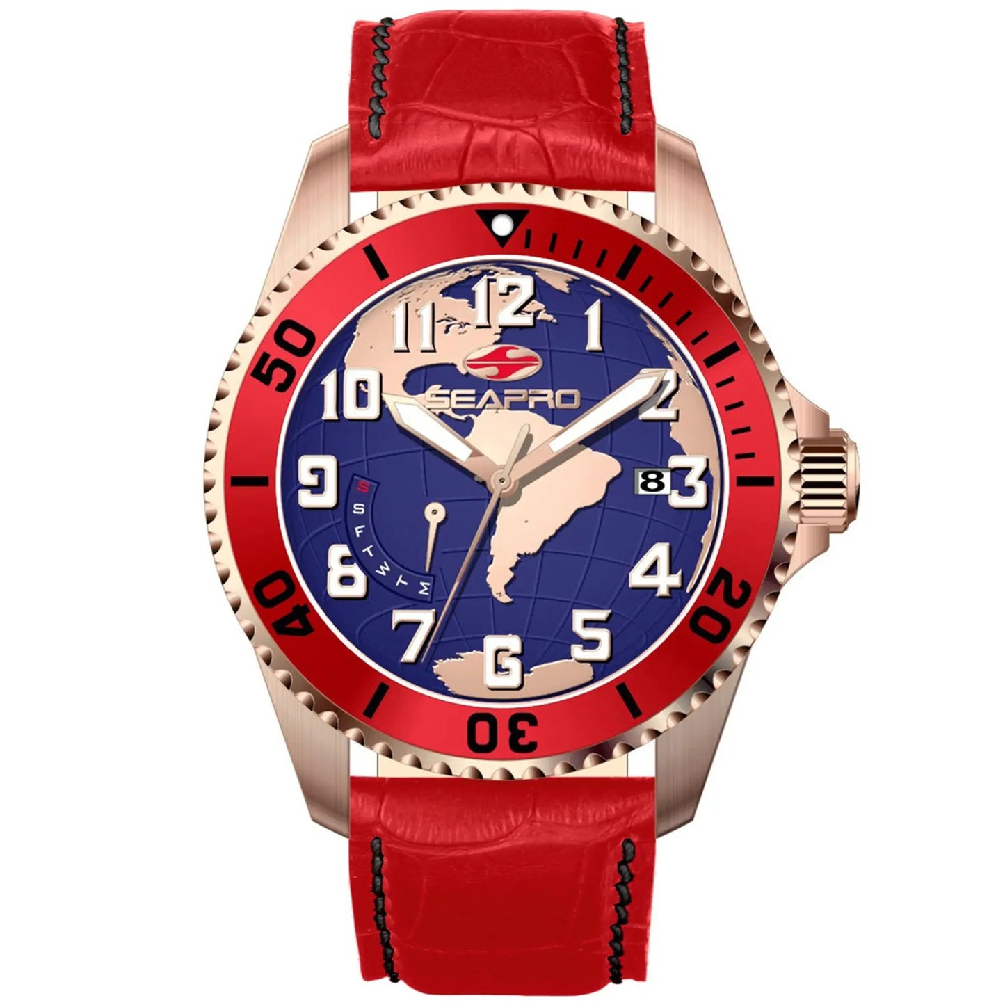 Seapro Men's Voyager watch with blue globe dial, red bezel and red leather strap on Tampa Home & Garden Store