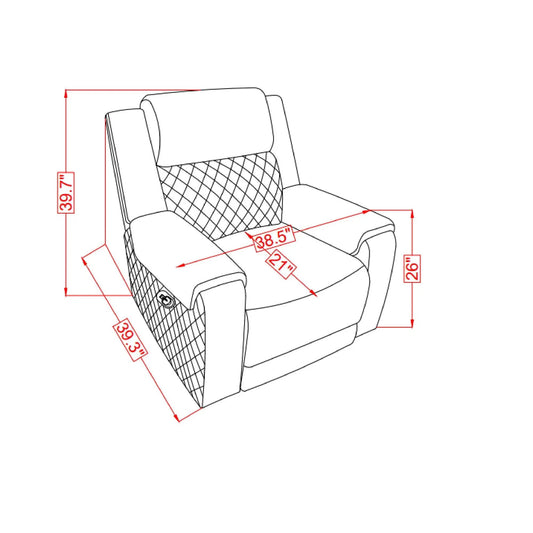Alicia gray-black recliner by Unique Piece Furniture; padded back, leg rest, dimensioned diagram on Tampa Home & Garden Store