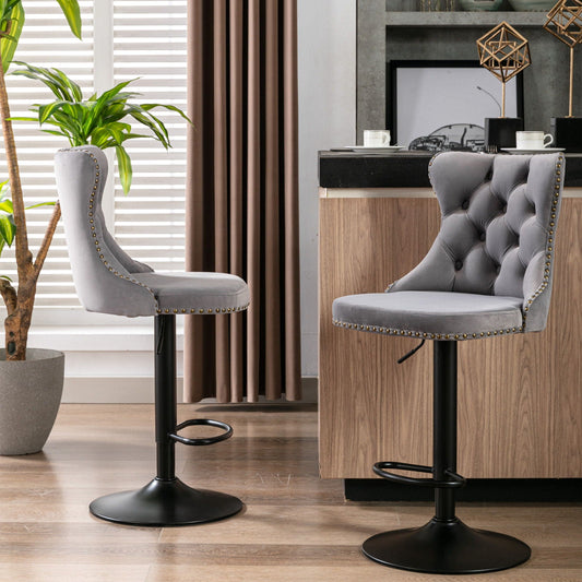 Swivel bar stools gray tufted with backs adjustable height nailhead trim set of 2 on Tampa Home & Garden Store