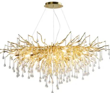 Postmodern crystal water-drop chandelier by Decorbites, gold-tone frame with LED drops on Tampa Home & Garden Store