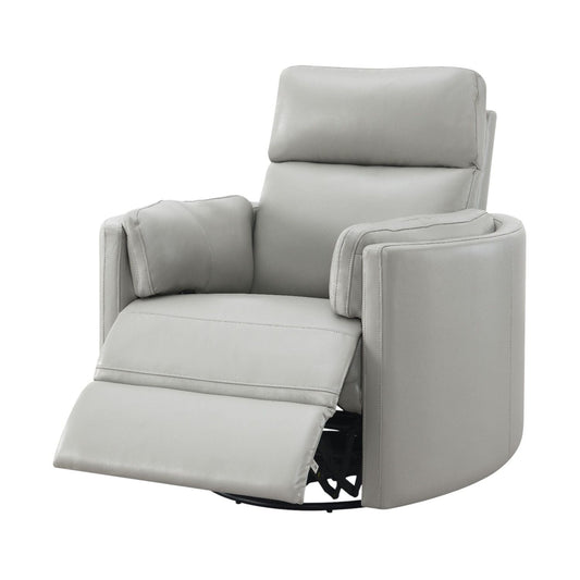 Sagen Glider Recliner With Swivel light gray leather, padded arms, footrest, swivel base on Tampa Home & Garden Store