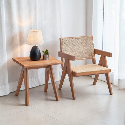 Armchair and matching square end table in natural wood by HouseOfZazla, 2-piece living room set on Tampa Home & Garden Store