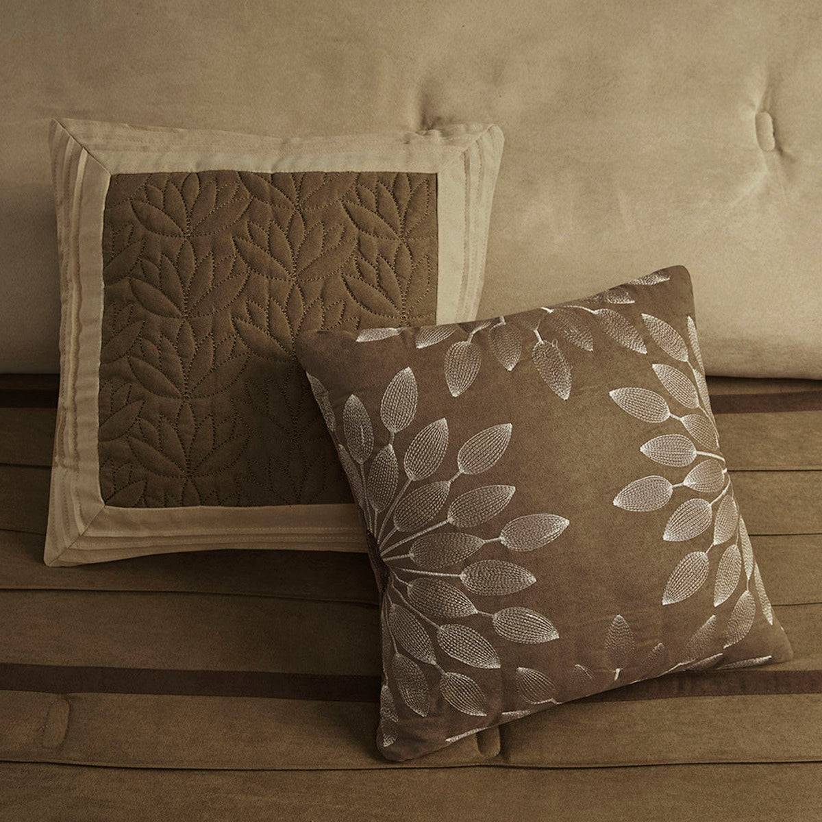 Decorative throw pillows, brown with white leaf embroidery and quilted pattern, set of 2 on Tampa Home & Garden Store