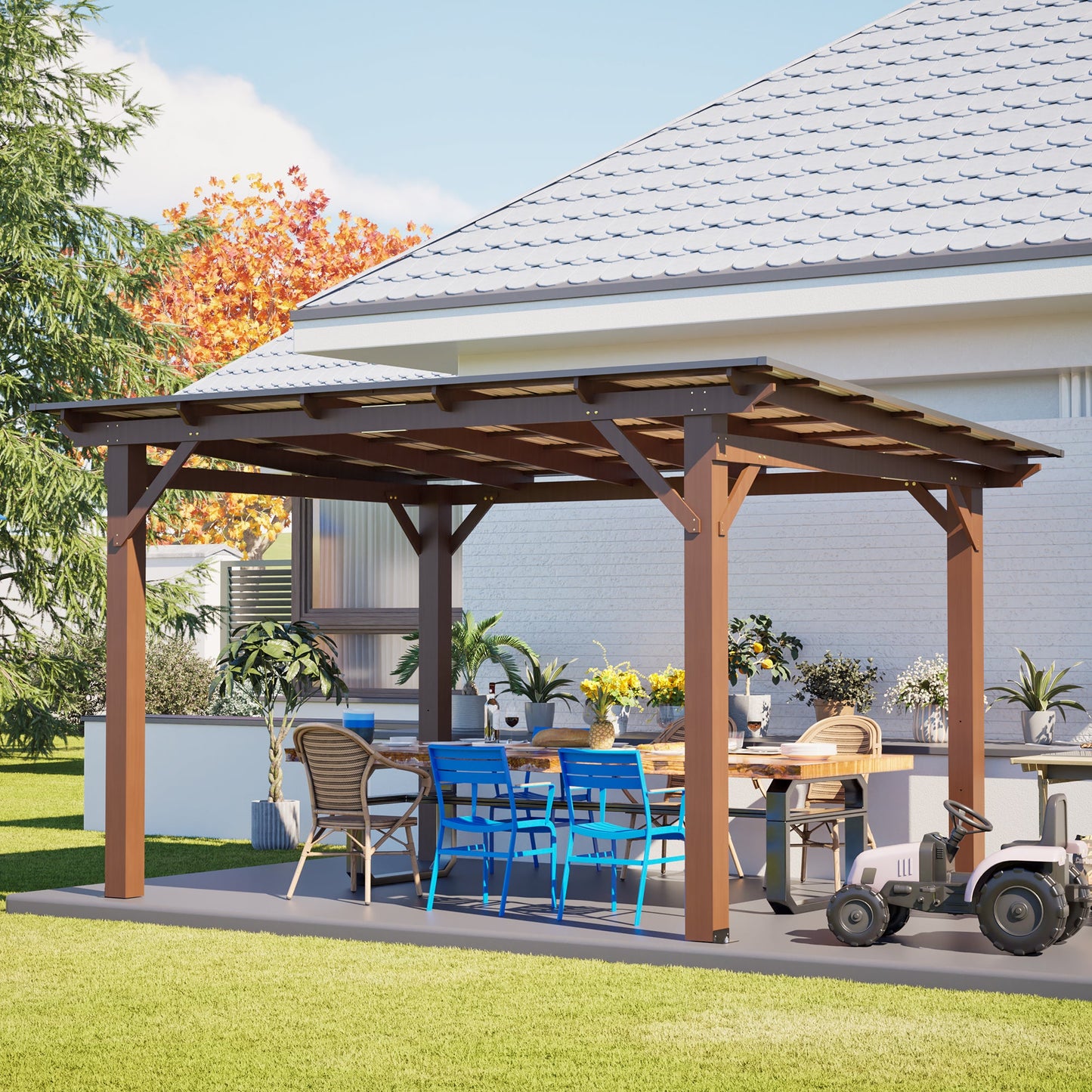 13x10ft wooden garden gazebo with metal roof under a brown pergola, dining table and chairs on Tampa Home & Garden Store