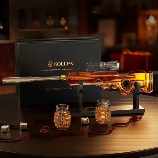 Sniper whiskey decanter with amber rifle bottle and two glasses on stand by Whiskey Ball on Tampa Home & Garden Store
