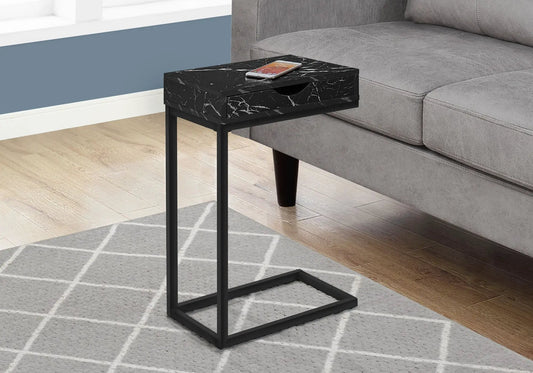 Accent Table, C-Shaped with black marble top, drawer, and slim metal frame on Tampa Home & Garden Store
