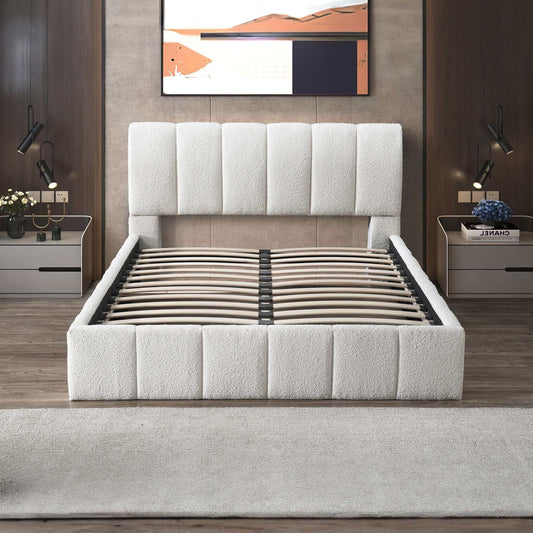 Hilar - Elegant Design Platform Bed, white boucle upholstered bed by HouseOfZazla with slat base on Tampa Home & Garden Store