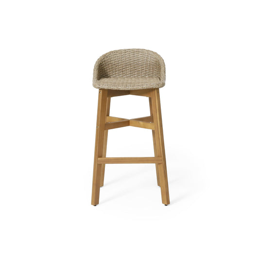 Beeson Outdoor Wicker and Acacia Barstool Set