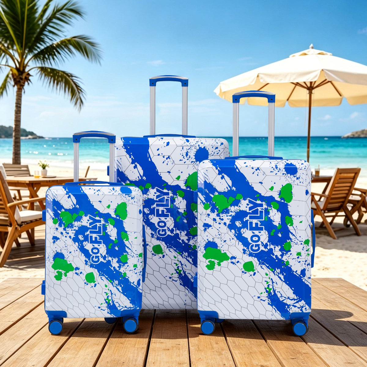 Blue 3-Piece Spinner Luggage Set, hard-shell with splatter pattern, 360° wheels HouseOfZazla on Tampa Home & Garden Store