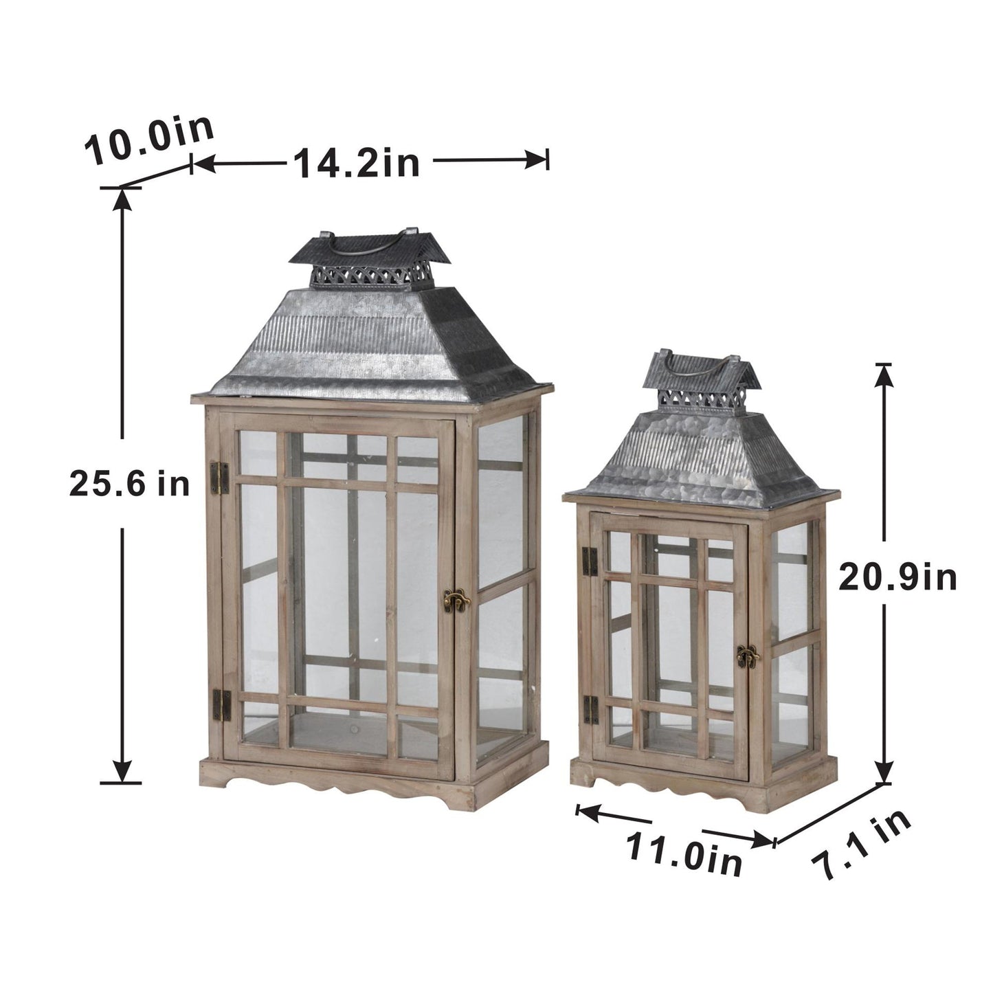 Set of 2 Classic Scape Lanterns by HouseOfZazla; rustic wood-and-glass lanterns with metal tops on Tampa Home & Garden Store