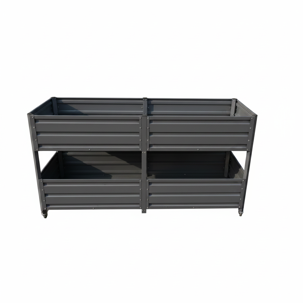 Dual-tier grey metal raised garden bed on wheels with lockable casters HouseOfZazla on Tampa Home & Garden Store