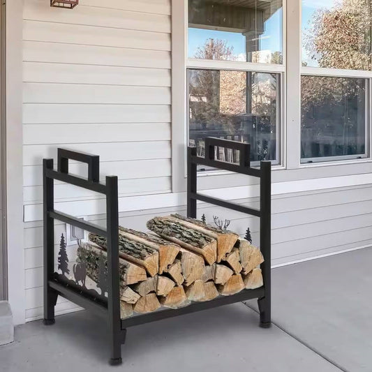 1.5 Ft. Black Metal Firewood Log Rack with Deer Pattern - Tampa Home & Garden Store