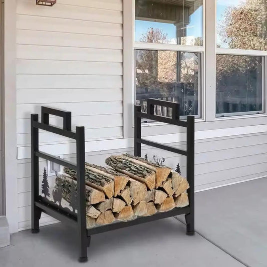 1.5 Ft. Black Metal Firewood Log Rack with Deer Pattern - Tampa Home & Garden Store