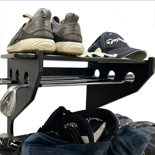 Wall Mount Golf Bag Rack With Shelf black steel rack holds 1 pair of golf shoes and a cap on Tampa Home & Garden Store