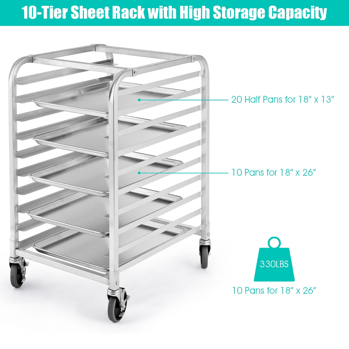 Aluminum rolling bakery pan rack for 10 sheets, 18x26 pans capacity, 10-tier with casters on Tampa Home & Garden Store