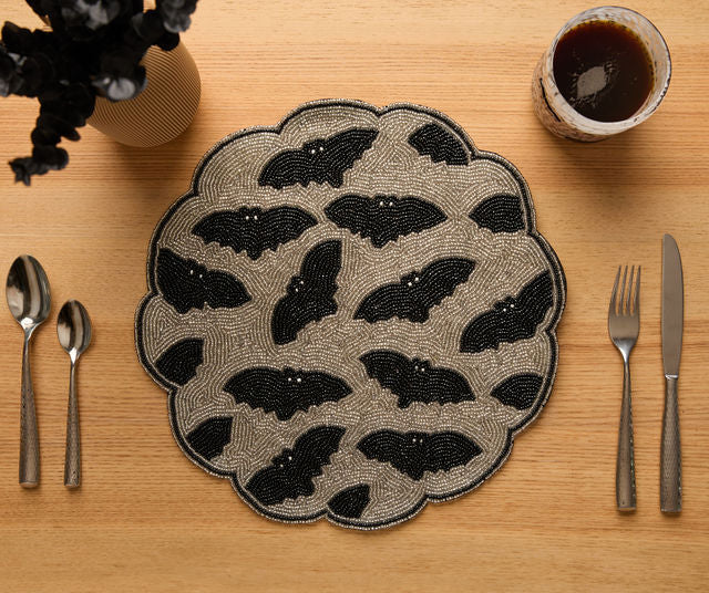 Halloween Bat Beaded Placemat Handmade Round Black Gold Table Decor Gothic Dining Mat Scalloped Edge Spooky Party Setting Gift
