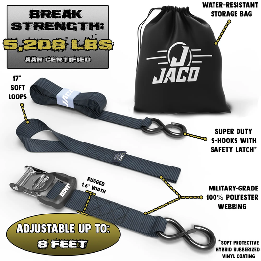 Heavy-Duty Ratchet Tie Downs with Soft Loops by JACO, 1.6in wide black straps, 17in soft loops, storage bag on Tampa Home & Garden Store