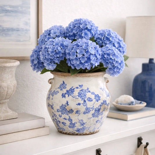 10.5” Tuscan Ceramic Blue Scroll Urn Vase - Tampa Home & Garden Store