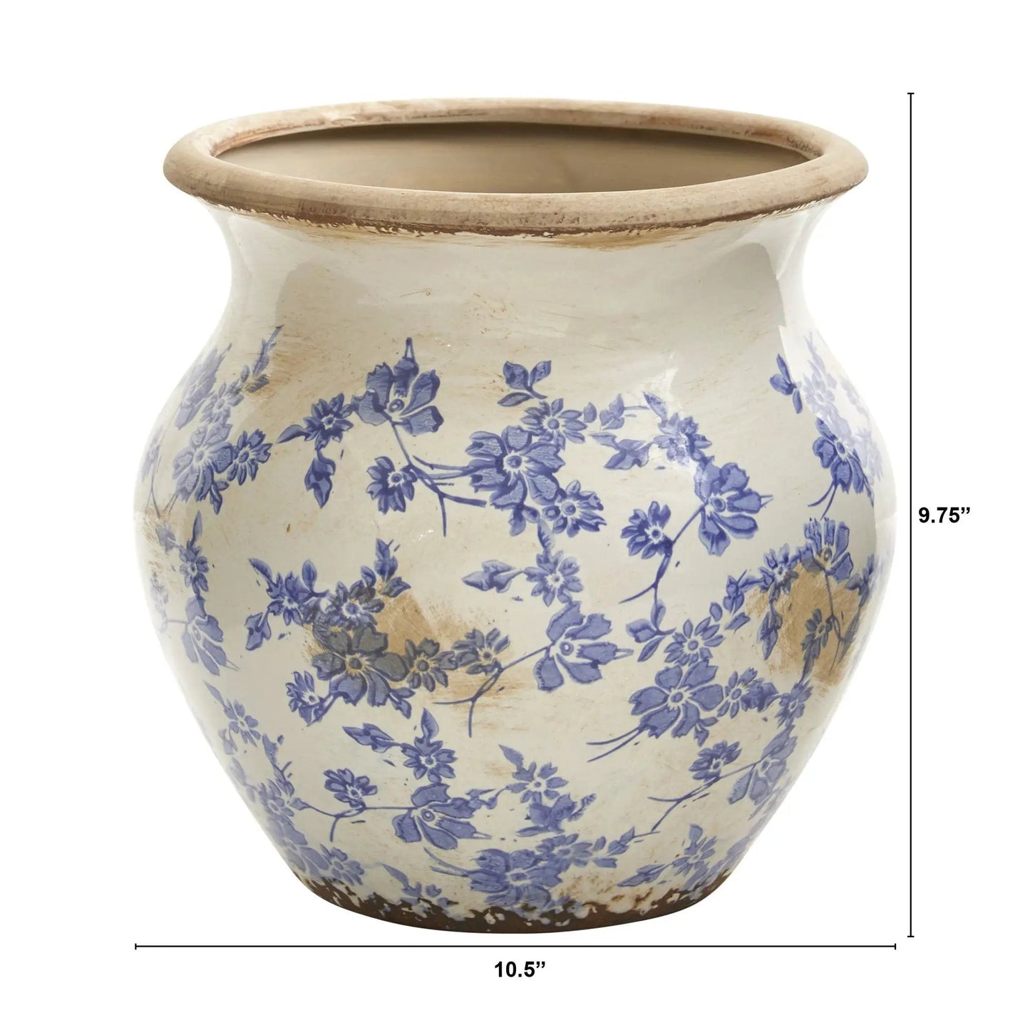 10.5 inch Tuscan ceramic blue scroll urn vase with blue floral pattern and distressed rim on Tampa Home & Garden Store