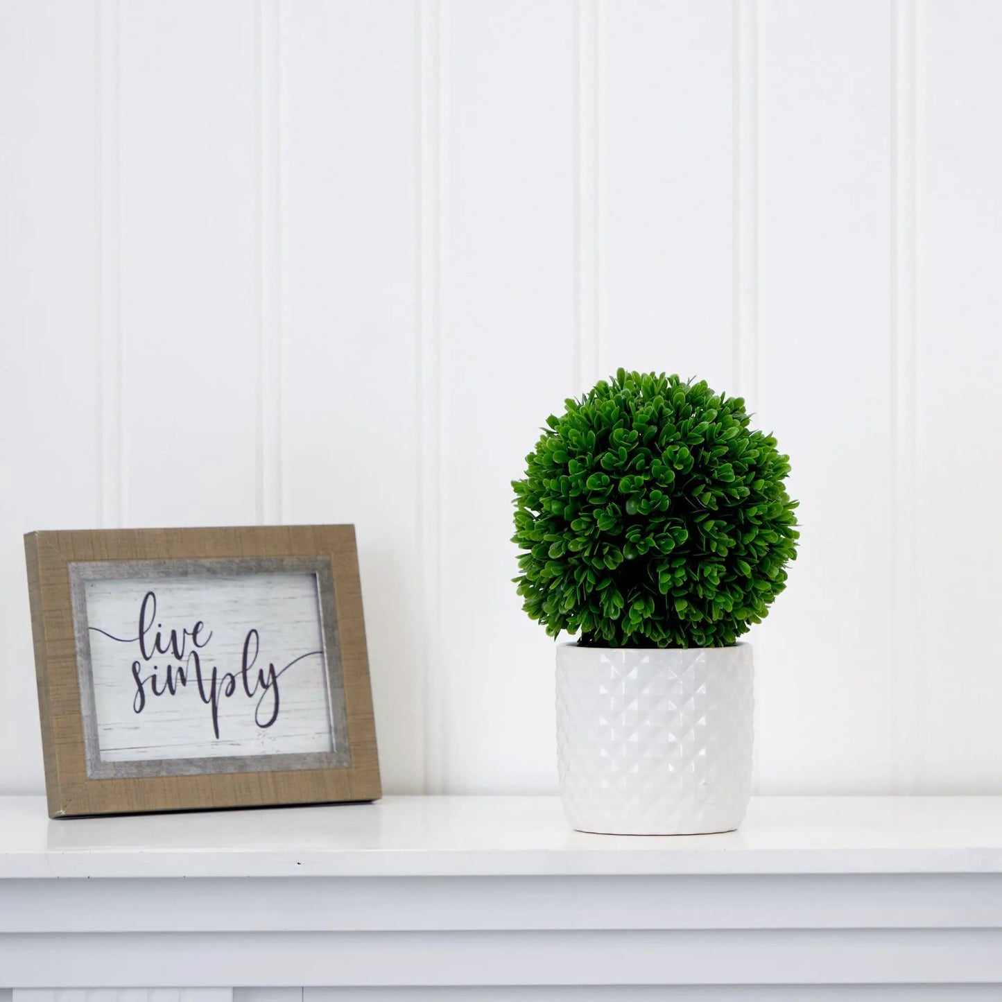 Nearly Natural artificial boxwood topiary plant in a white textured planter on Tampa Home & Garden Store