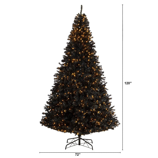Black artificial Christmas tree with 950 warm LED lights on metal stand, 10 ft tall on Tampa Home & Garden Store