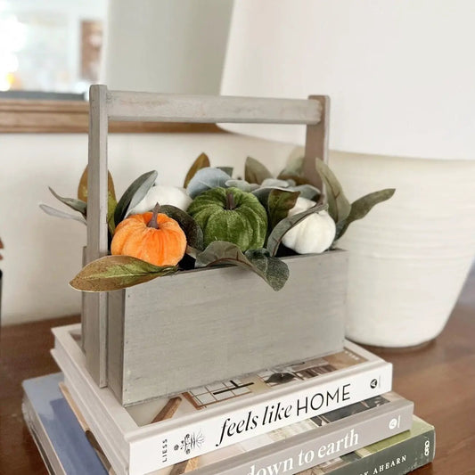Fall Pumpkin Artificial Arrangement in Wood Basket with orange green white pumpkins on Tampa Home & Garden Store