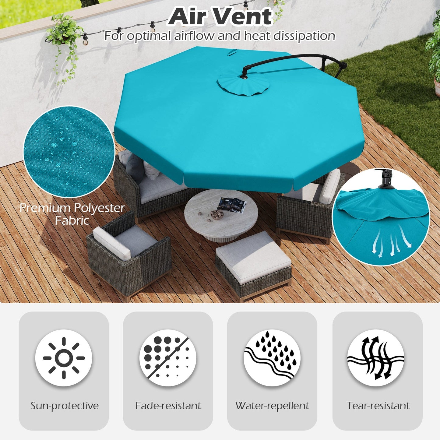 10 Feet Patio Cantilever Umbrella with Cover Tilt Adjustment and Ruffled Edge-Turquoise