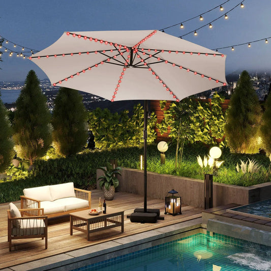 10 Feet Solar Offset Hanging Umbrella with Base and LED Lights-Beige - Tampa Home & Garden Store