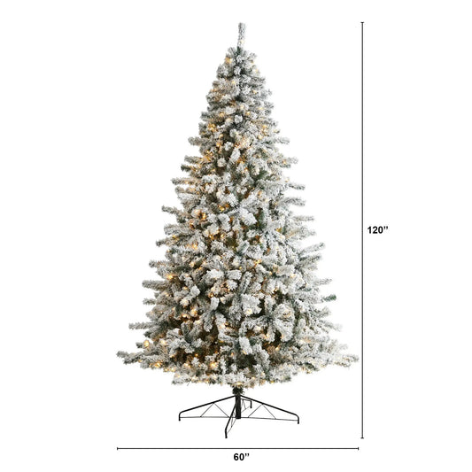 Flocked Spruce Christmas Tree with LED Lights by Nearly Natural, 10 ft tall, 60-inch base on Tampa Home & Garden Store